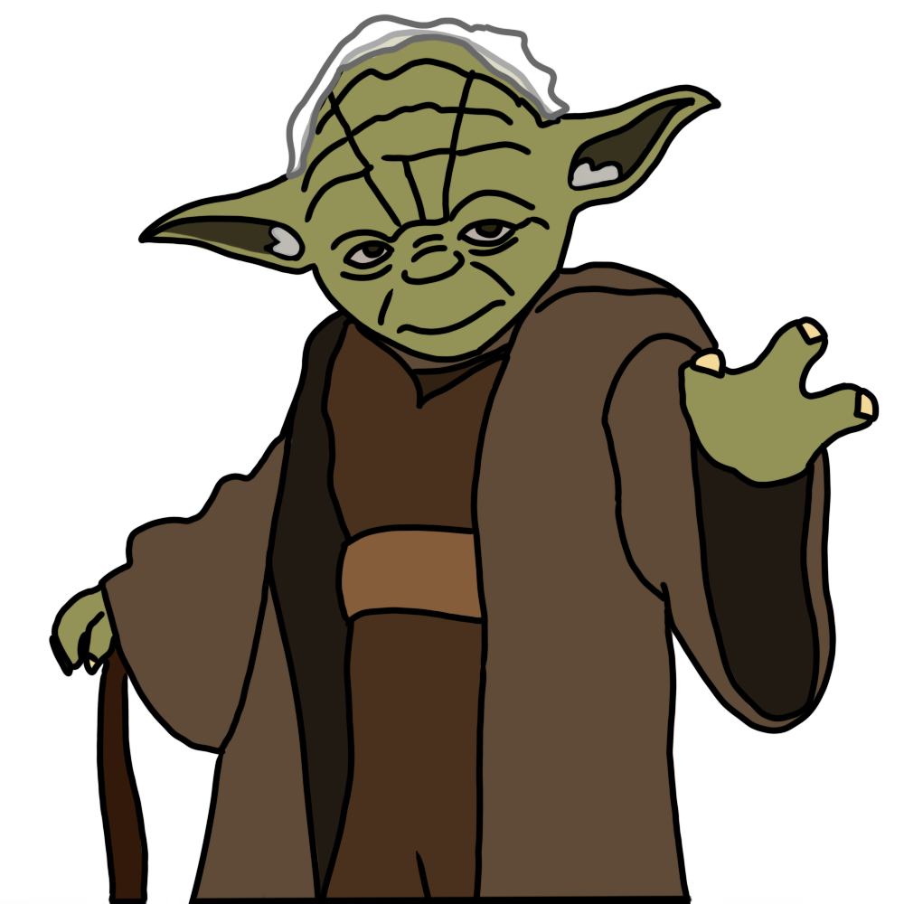 a portrait of Yoda from Star Wars, one of his arms out and leaning on his cane